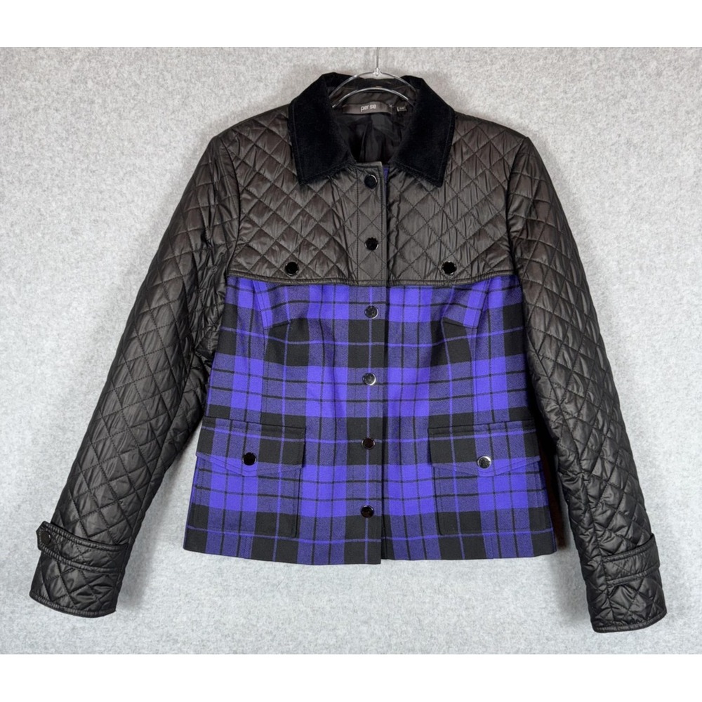 Per Se Jacket Womens 10 Black Purple Plaid Quilted Wool Blend Button Up Stylish